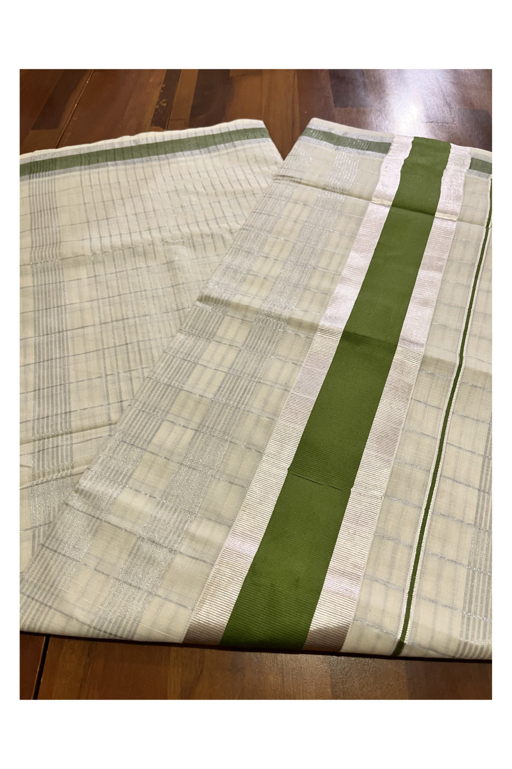 Kerala Pure Cotton Silver Kasavu Check Designs Saree with Olive Green Border