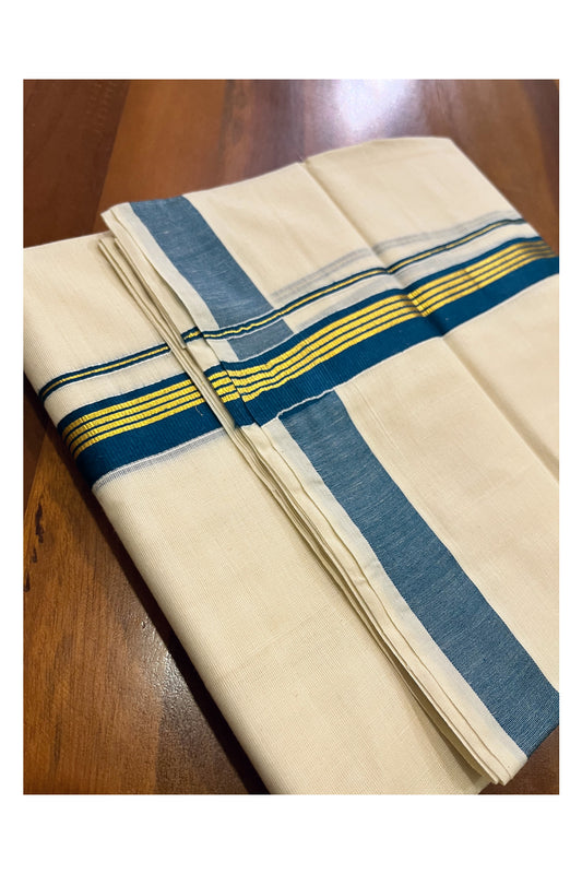 Off White Kerala Cotton Double Mundu with Kasavu and Blue Border (South Indian Kerala Dhoti)