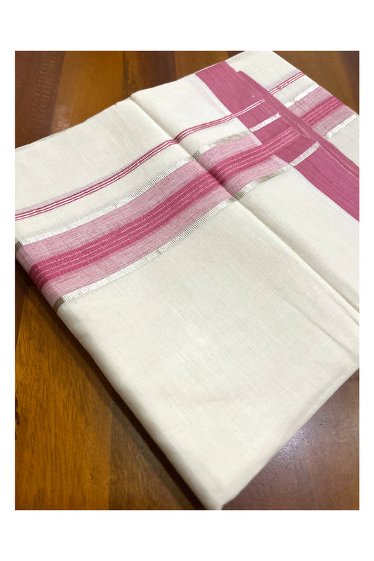 Kerala Pure Cotton Double Mundu with Pink and Silver Kasavu Border (South Indian Kerala Dhoti)