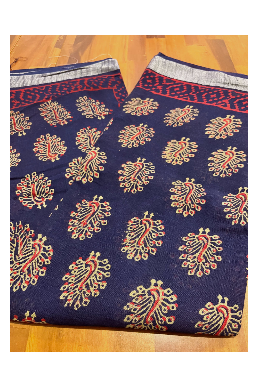 Southloom Linen Dark Blue Designer Saree with Peacock Prints and Tassels