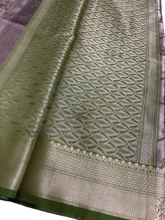Southloom Tissue Silk Saree with Woven Work on Body and Borders (Lavendar & Green)