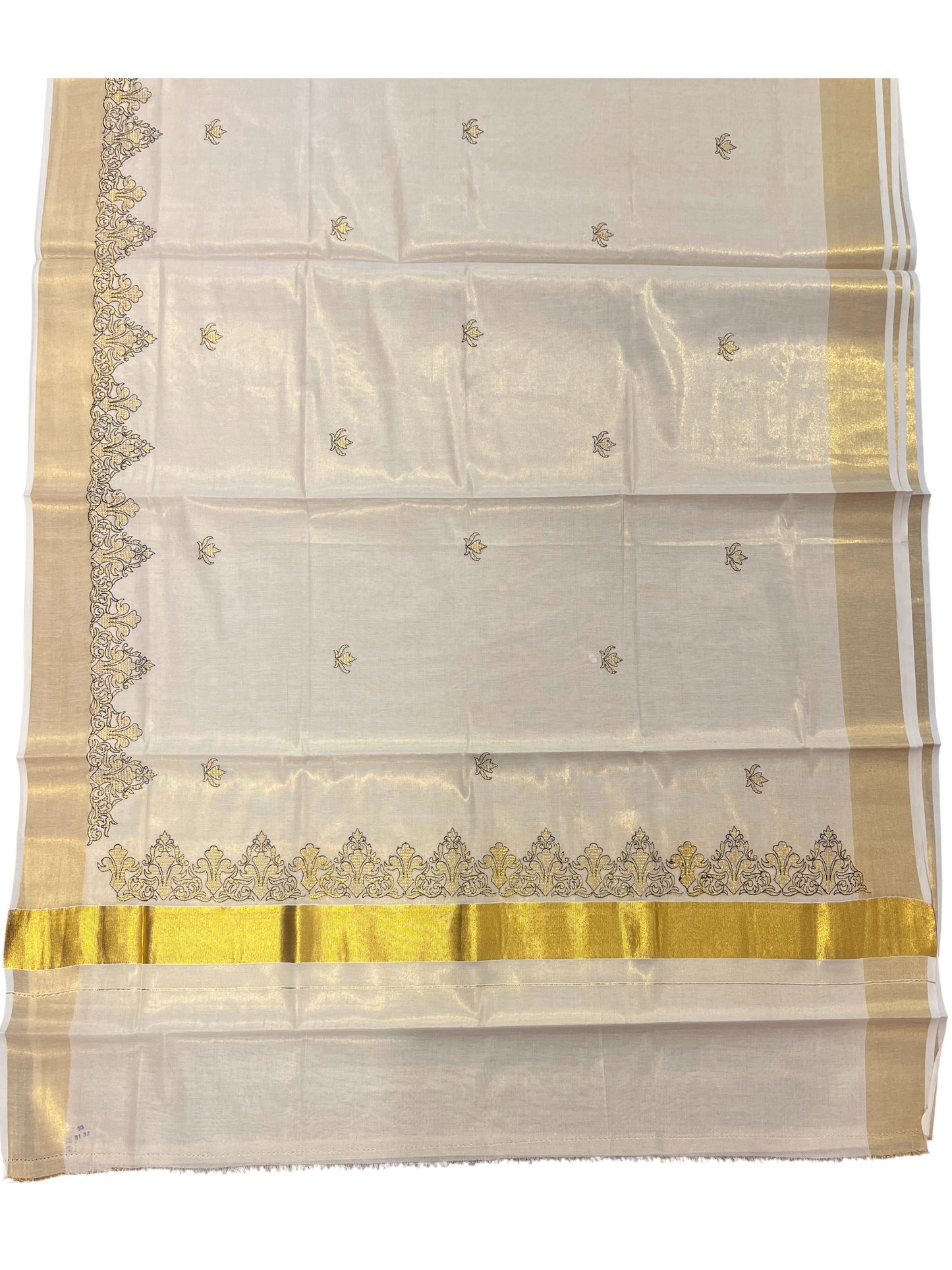 Southloom Kerala Tissue Kasavu Plain Saree with Green Embroidery Works