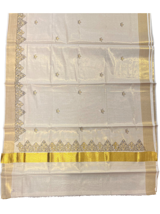 Southloom Kerala Tissue Kasavu Plain Saree with Green Embroidery Works