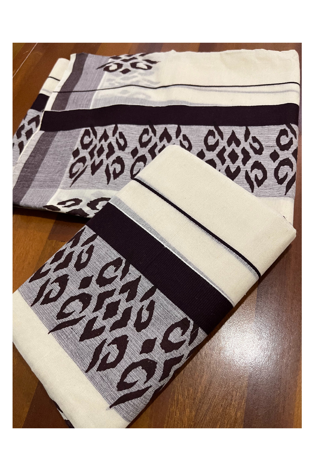 Cotton Kerala Single Set Mundu with Brown Block Printed Border