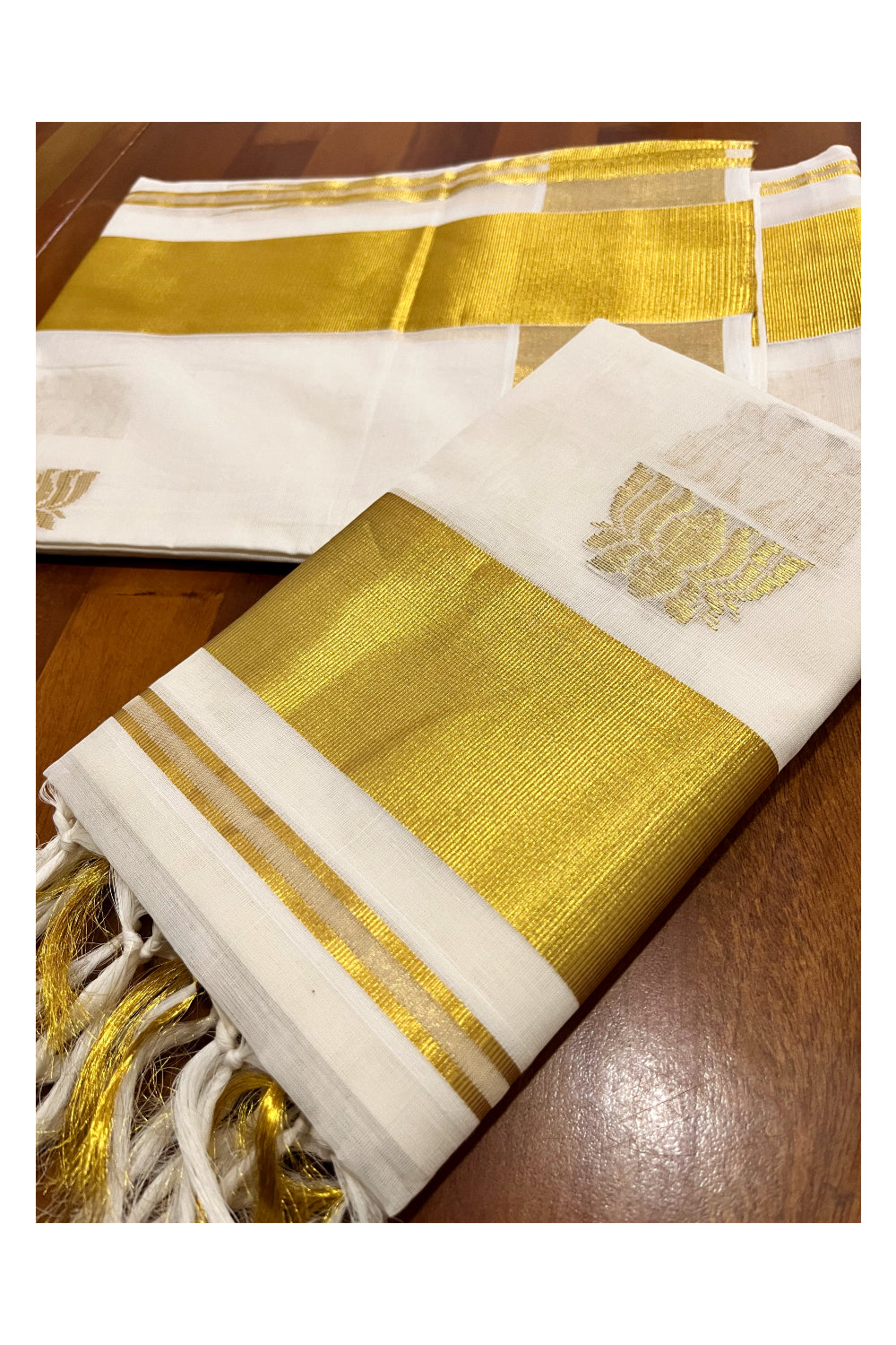 Southloom Handloom Premium Pure Cotton Kasavu Set Mundu (Mundum Neriyathum) with Lotus Woven Designs