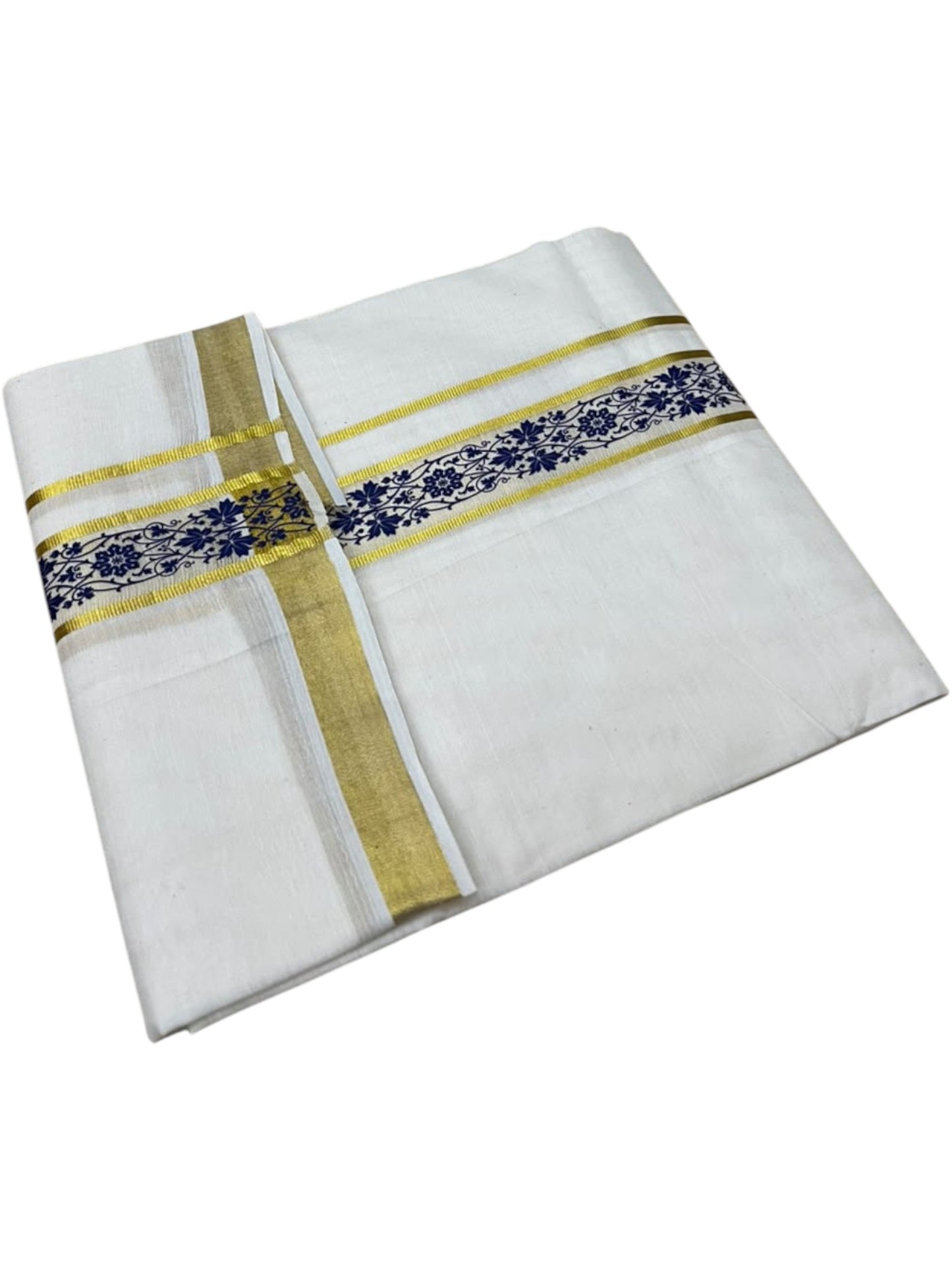 Southloom Pure Cotton Double Mundu with Blue Block Printed And Ksavu Border (South Indian Kerala Dhoti)
