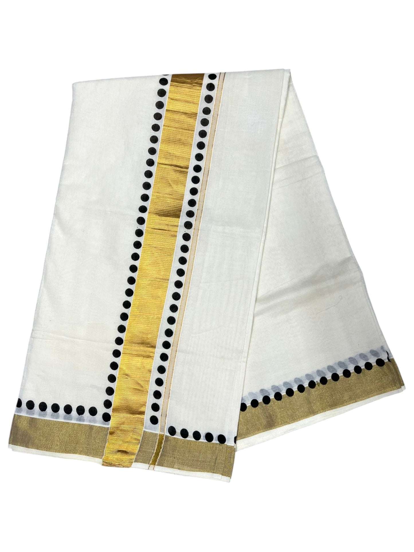 Southloom Cotton Kerala Kasavu Saree with Black Polk Dots Design Border