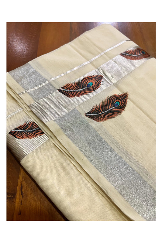 Pure Cotton Kerala Double Mundu with Silver Kasavu Hand Painted Design Border (South Indian Kerala Dhoti)