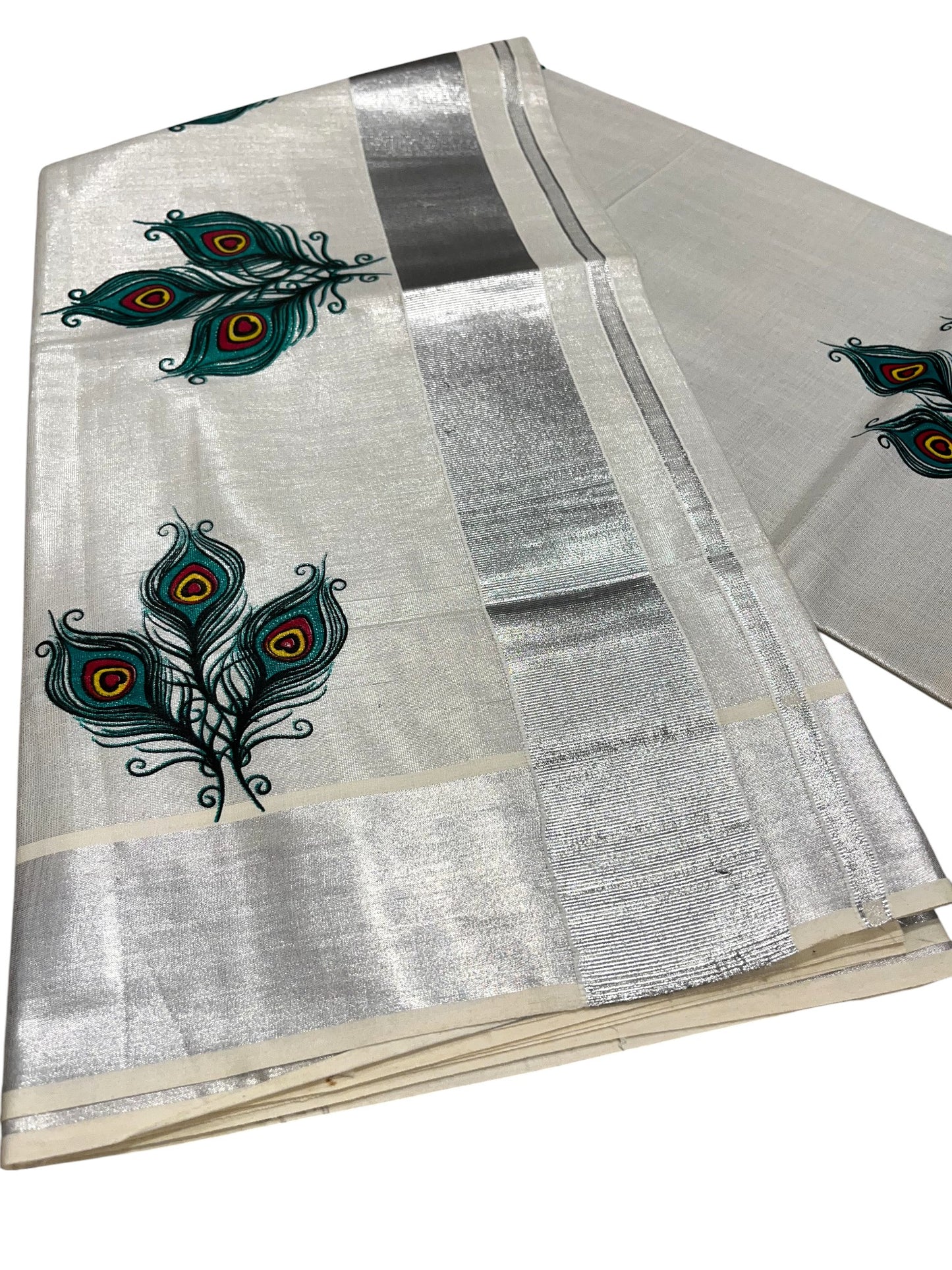 Southloom Kerala Tissue Silver Kasavu Saree with Peacock Feather Mural Print Across Body