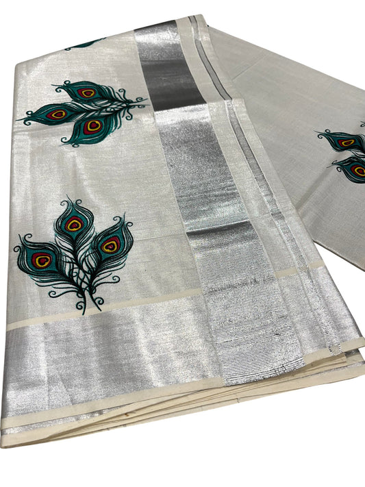 Southloom Kerala Tissue Silver Kasavu Saree with Peacock Feather Mural Print Across Body