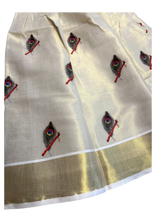 Southloom Kerala Tissue Kasavu Pavada Blouse with Embroidery Work for Kids