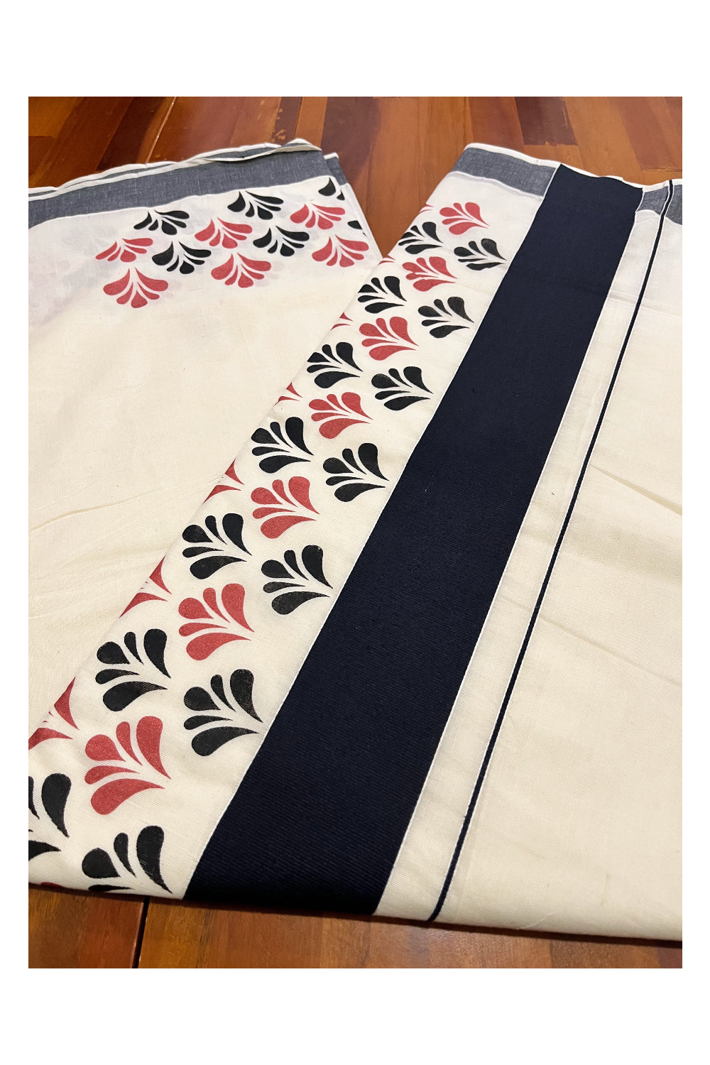 Pure Cotton Off White Kerala Saree with Maroon and Black Block Prints