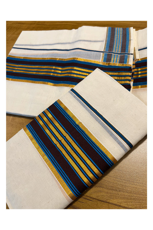 Kerala Cotton Kasavu Set Mundu (Mundum Neriyathum) with Blue and Brown Border