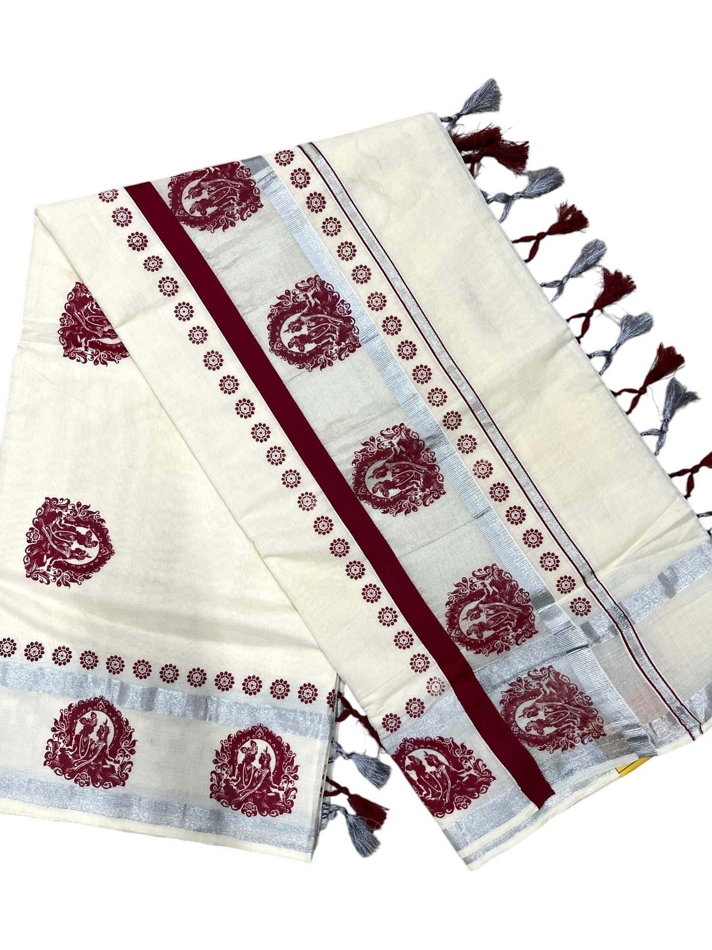 Southloom Kerala Pure Cotton Silver Kasavu Saree with Maroon Mural Printed Design and Printed Border
