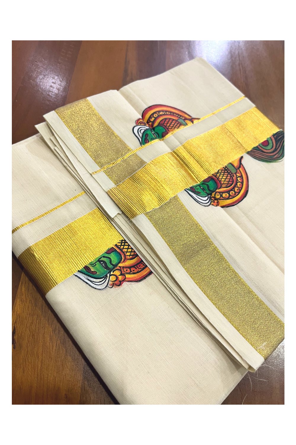 Off White Kerala Cotton Double Mundu with Kathakali Mural Hand Painted Designs on Kasavu Border (South Indian Kerala Dhoti)