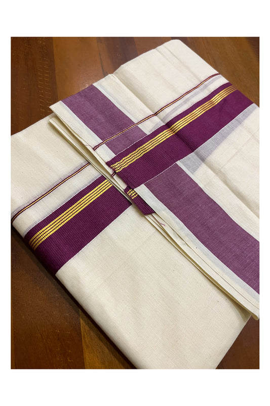 Kerala Pure Cotton Double Mundu with Purple and Kasavu Border (South Indian Kerala Dhoti)