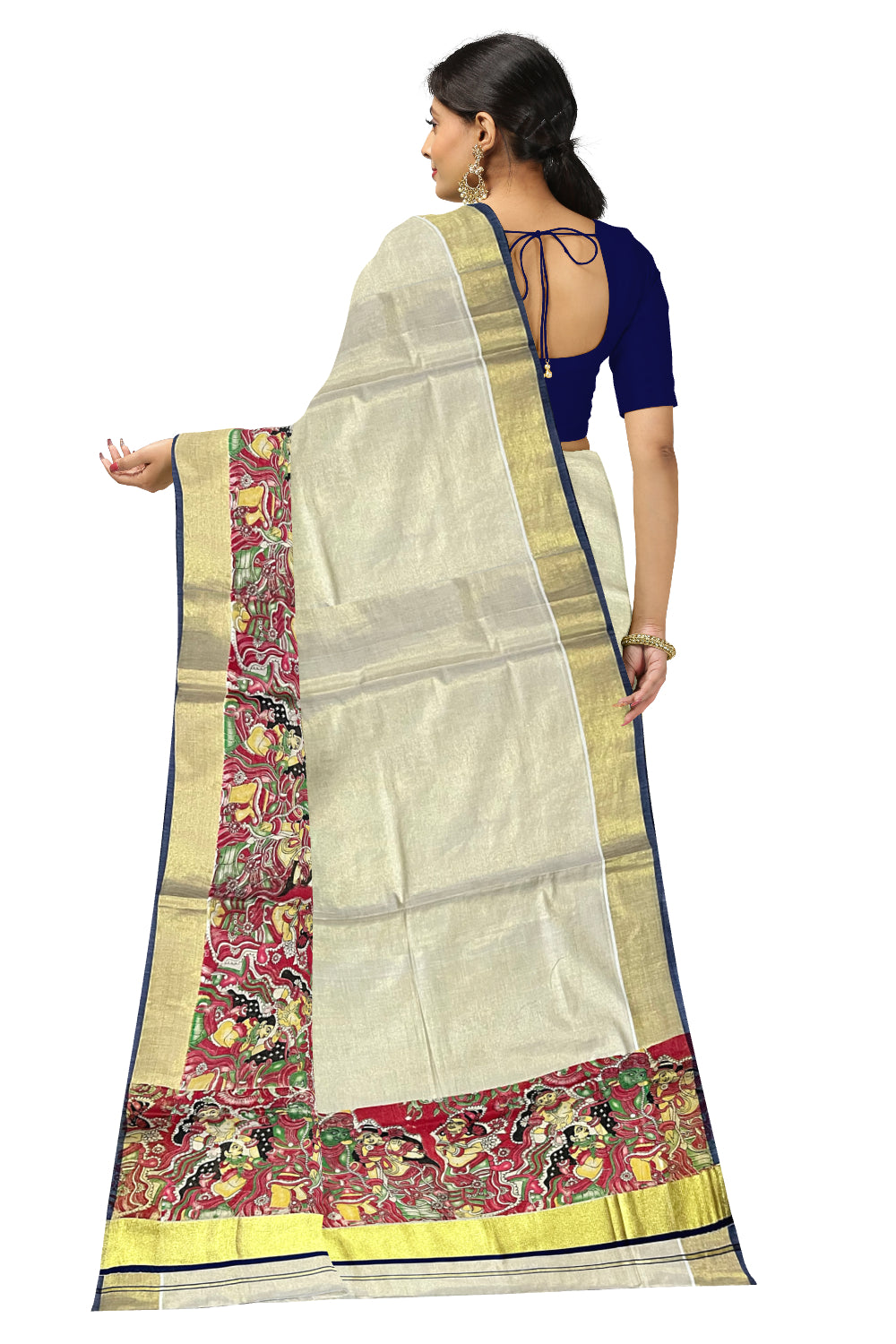 Kerala Tissue Kasavu Saree with Mural Art Printed Design and Dark Blue Border