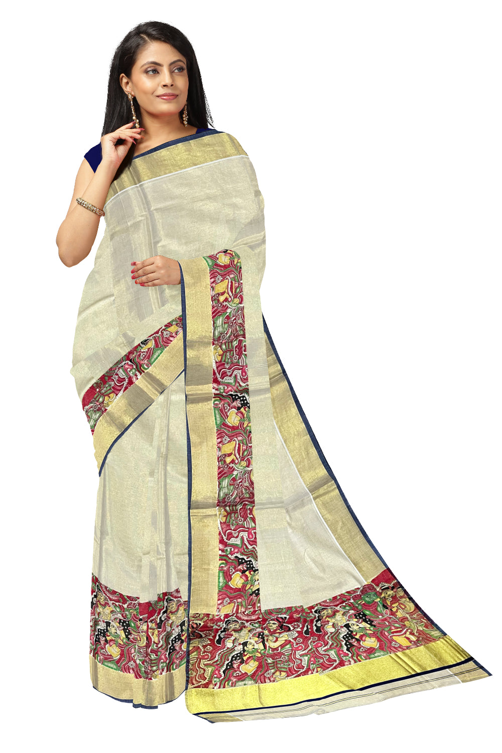 Kerala Tissue Kasavu Saree with Mural Art Printed Design and Dark Blue Border