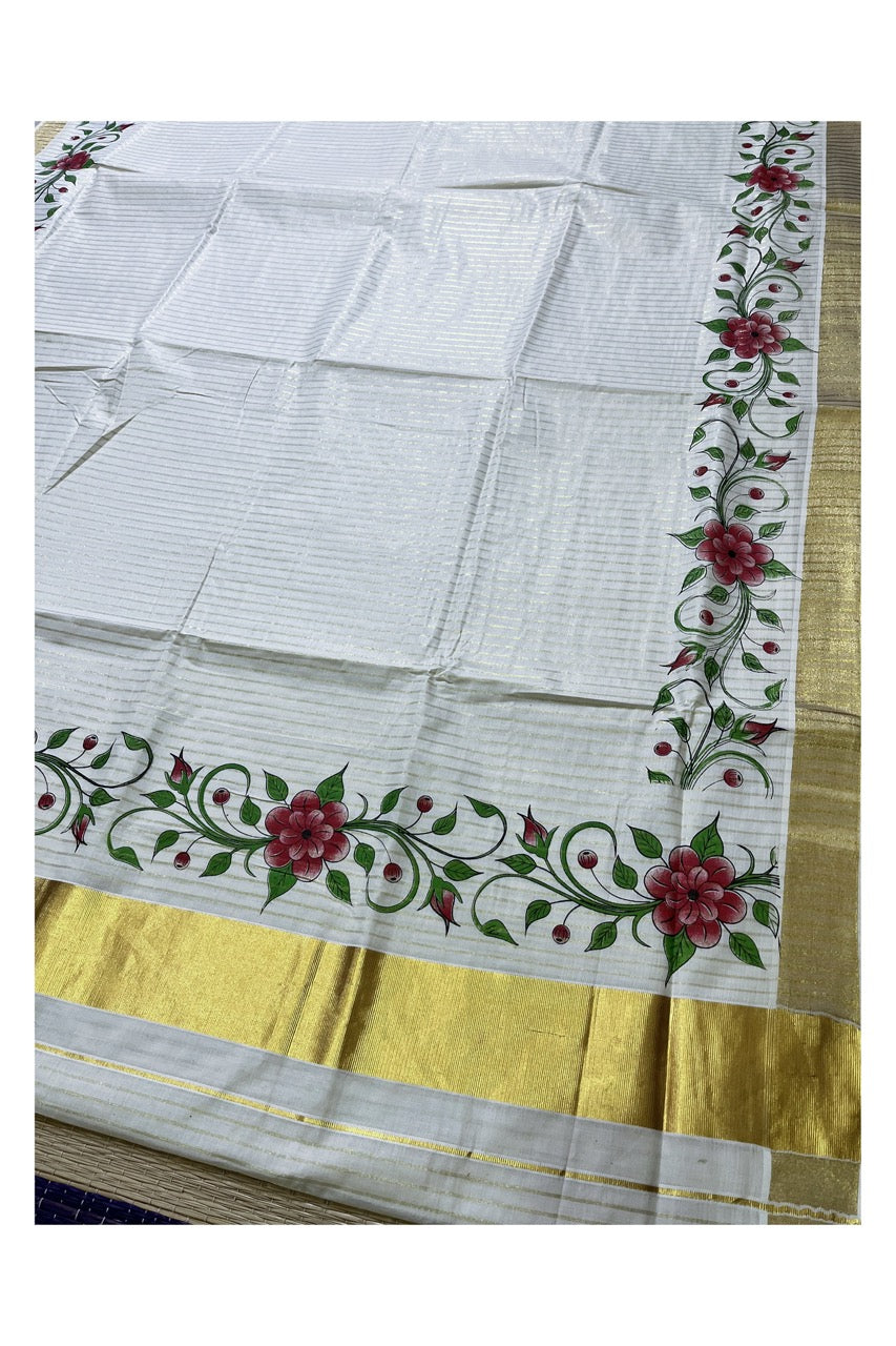 Pure Cotton Kerala Kasavu Lines Design and Red Floral Block Printed Saree