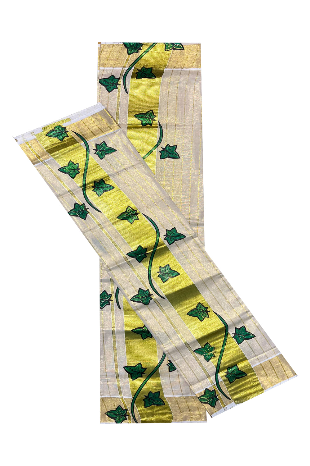 Kerala Tissue Single Set Mundu (Mundum Neriyathum) with Green Block Printed Design 2.80Mtr