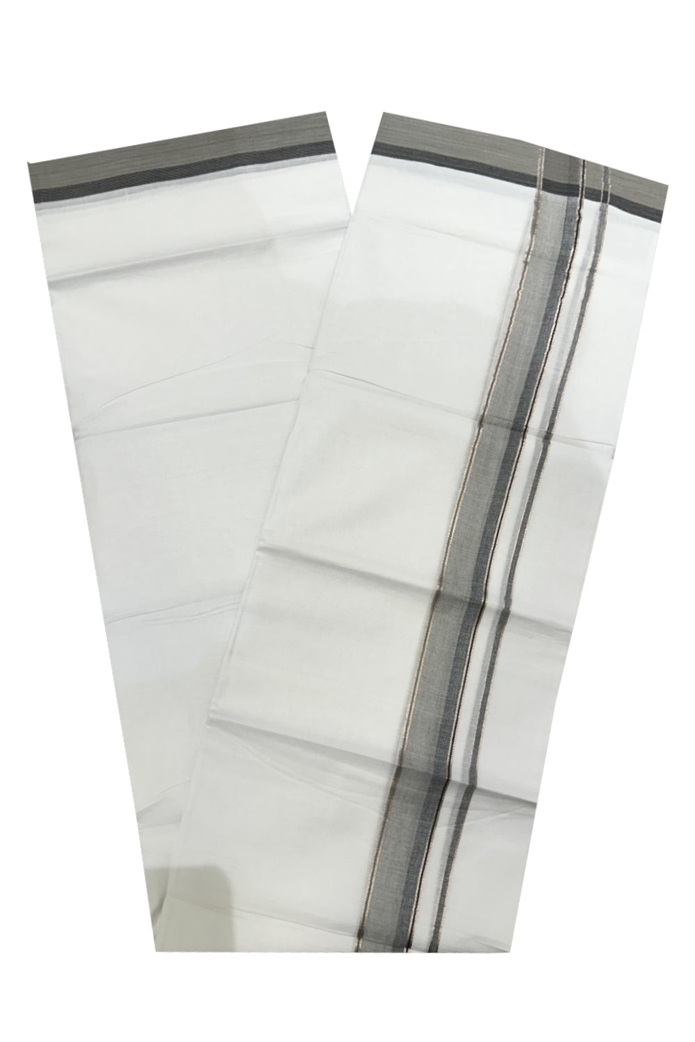 Pure White Cotton Double Mundu with Black Grey and Silver Kasavu Border (South Indian Kerala Dhoti)