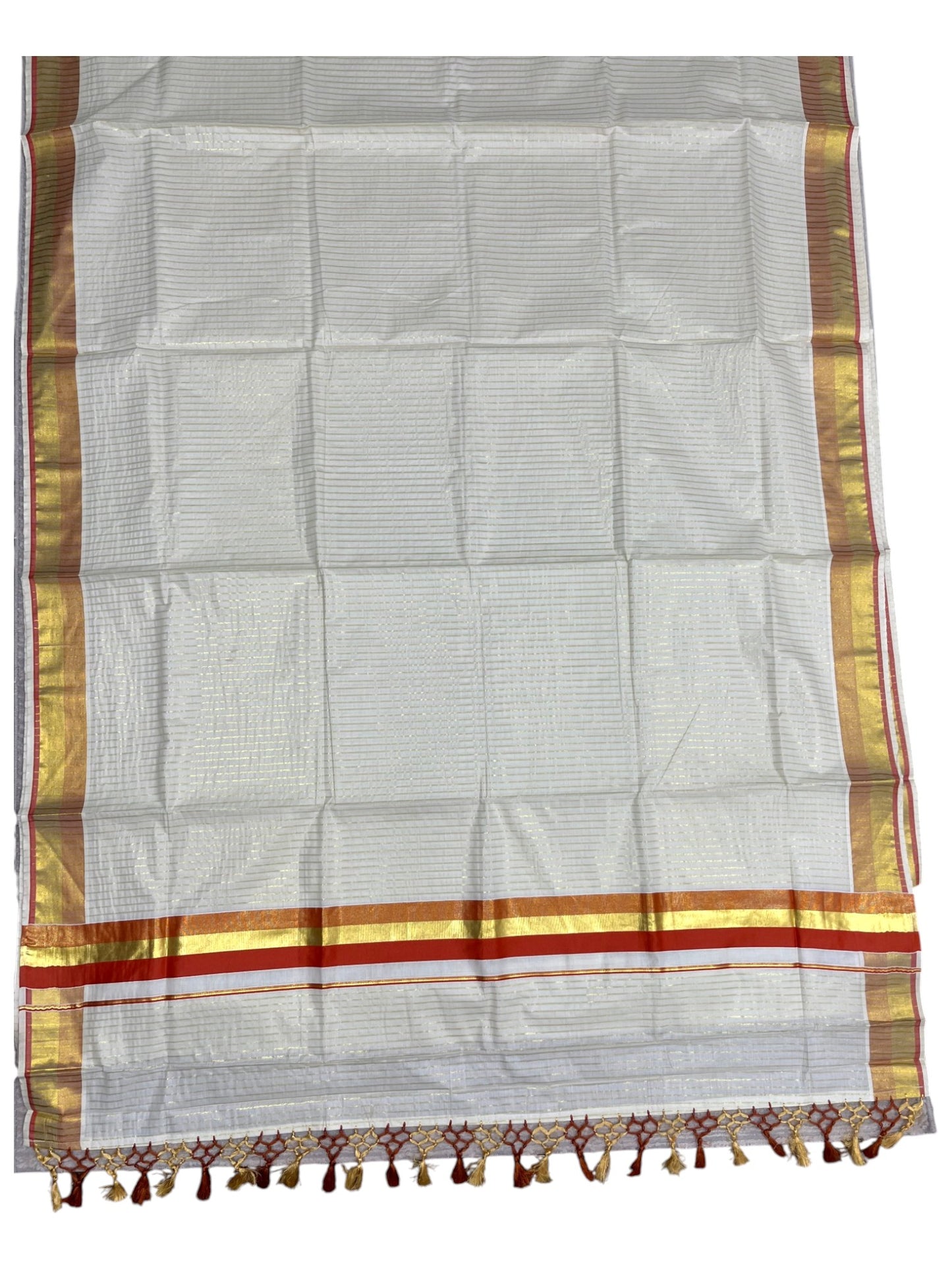 Southloom Pure Cotton Kerala Saree with Gold Kasavu Lines Across Body and Orange Border