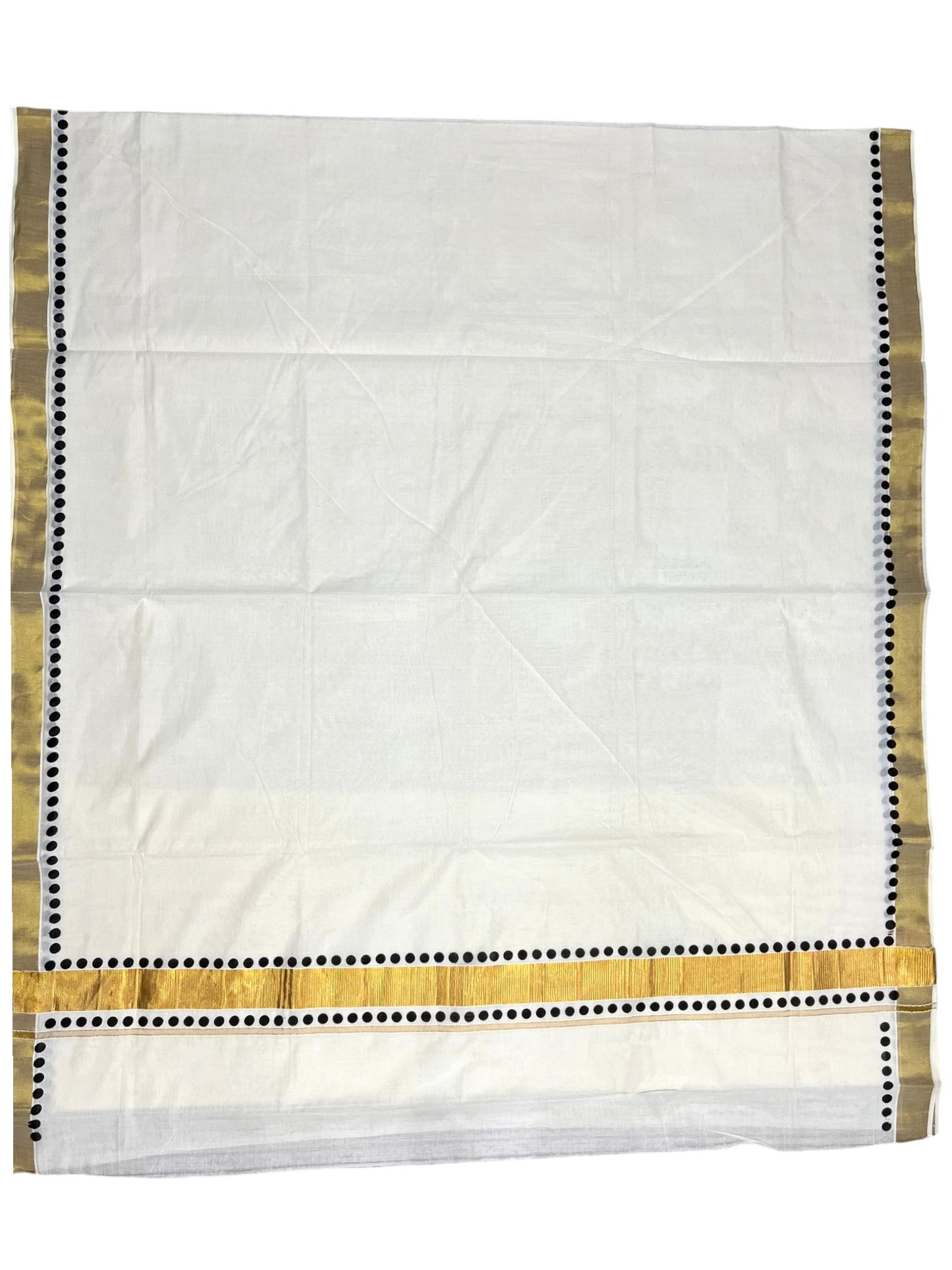 Southloom Cotton Kerala Kasavu Saree with Black Polk Dots Design Border