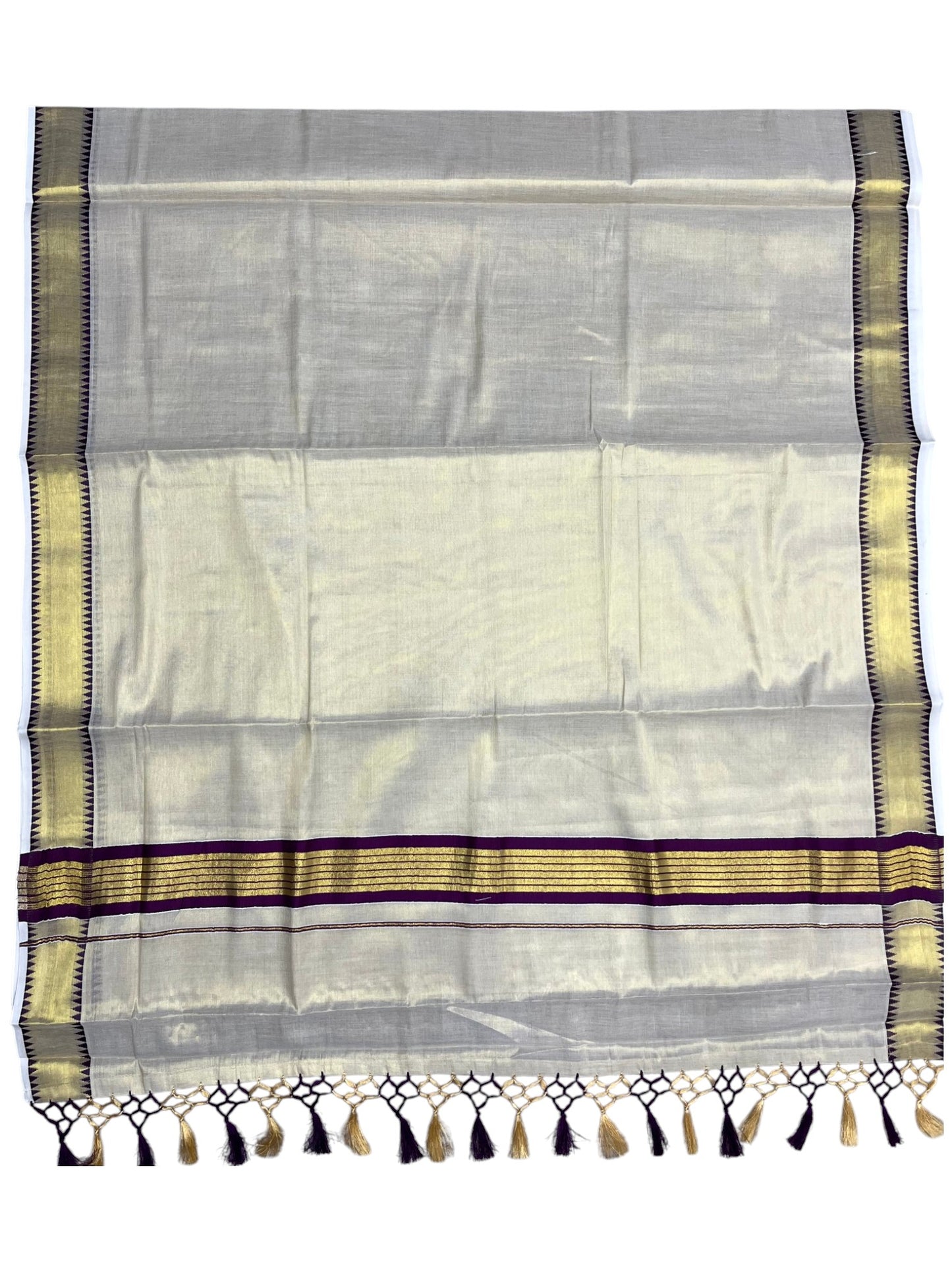 Southloom Kerala Tissue Kasavu Saree With Purple Temple Woven Works on Border SL365
