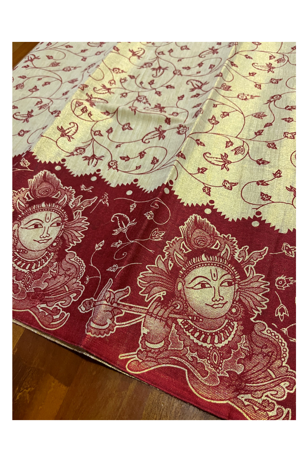 Kerala Tissue Block Printed Pavada and Red Designer Blouse Material for Kids 3 Meters