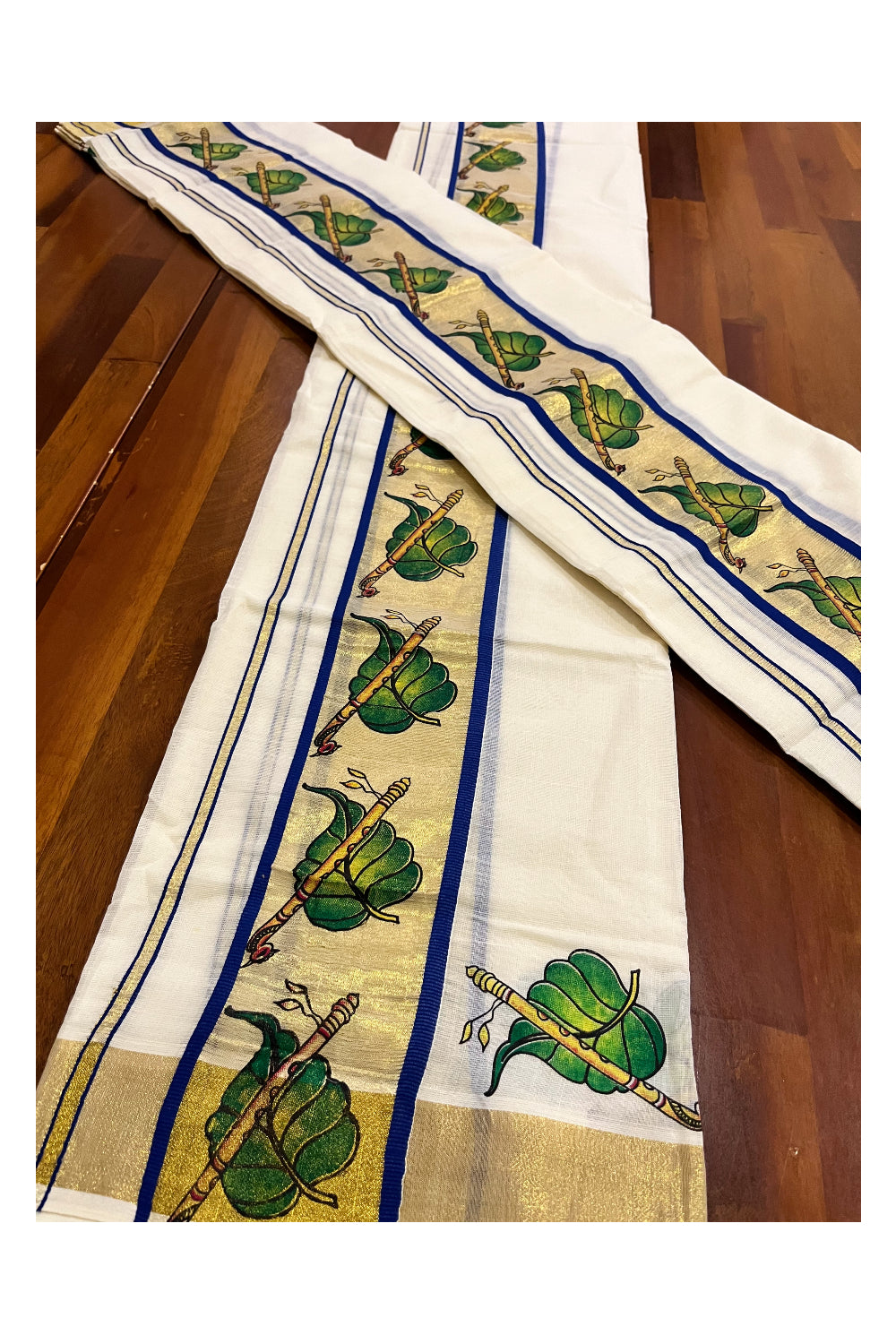 Kerala Cotton Single Set Mundu (Mundum Neriyathum) with Leaf and Flute Block Prints on Kasavu Blue Border