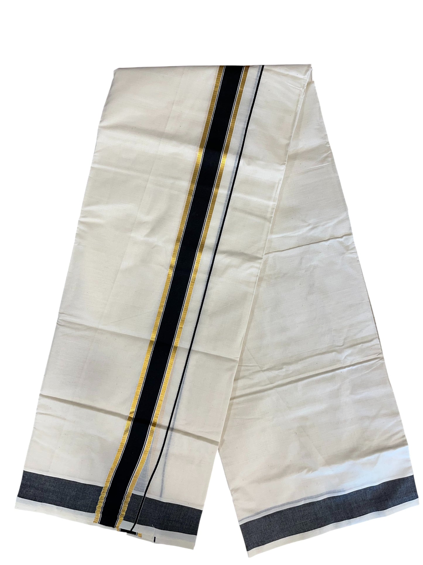 Southloom Pure Cotton Mundu with Gold Kasavu and Black Colour Border (South Indian Kerala Dhoti)