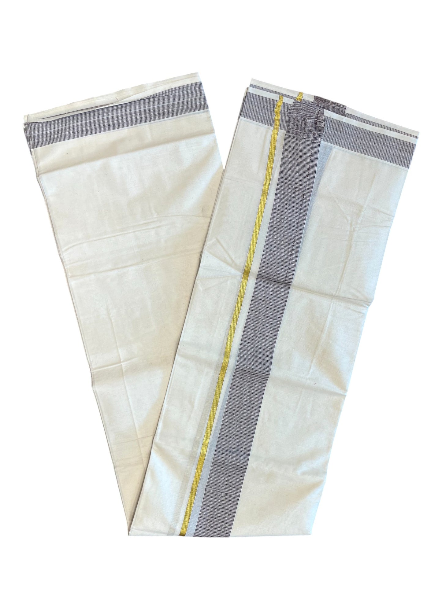 Southloom Kerala Pure Cotton Double Mundu with Gold Lines & Brown Border (South Indian Dhoti)