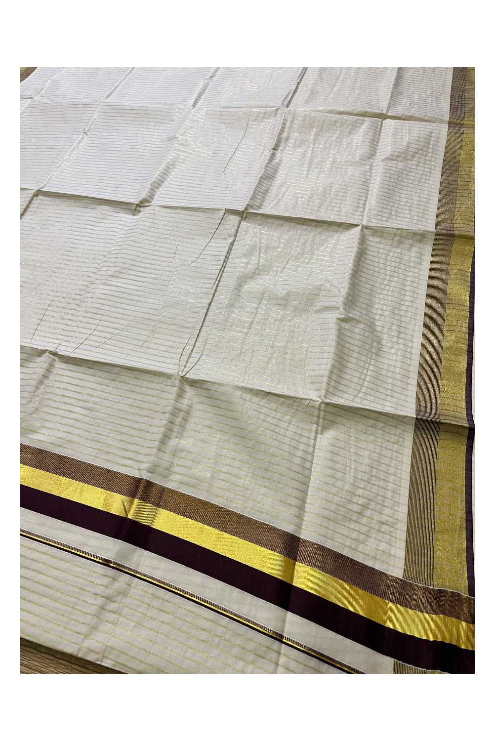 Pure Cotton Kerala Kasavu Lines Design Saree with Brown Border