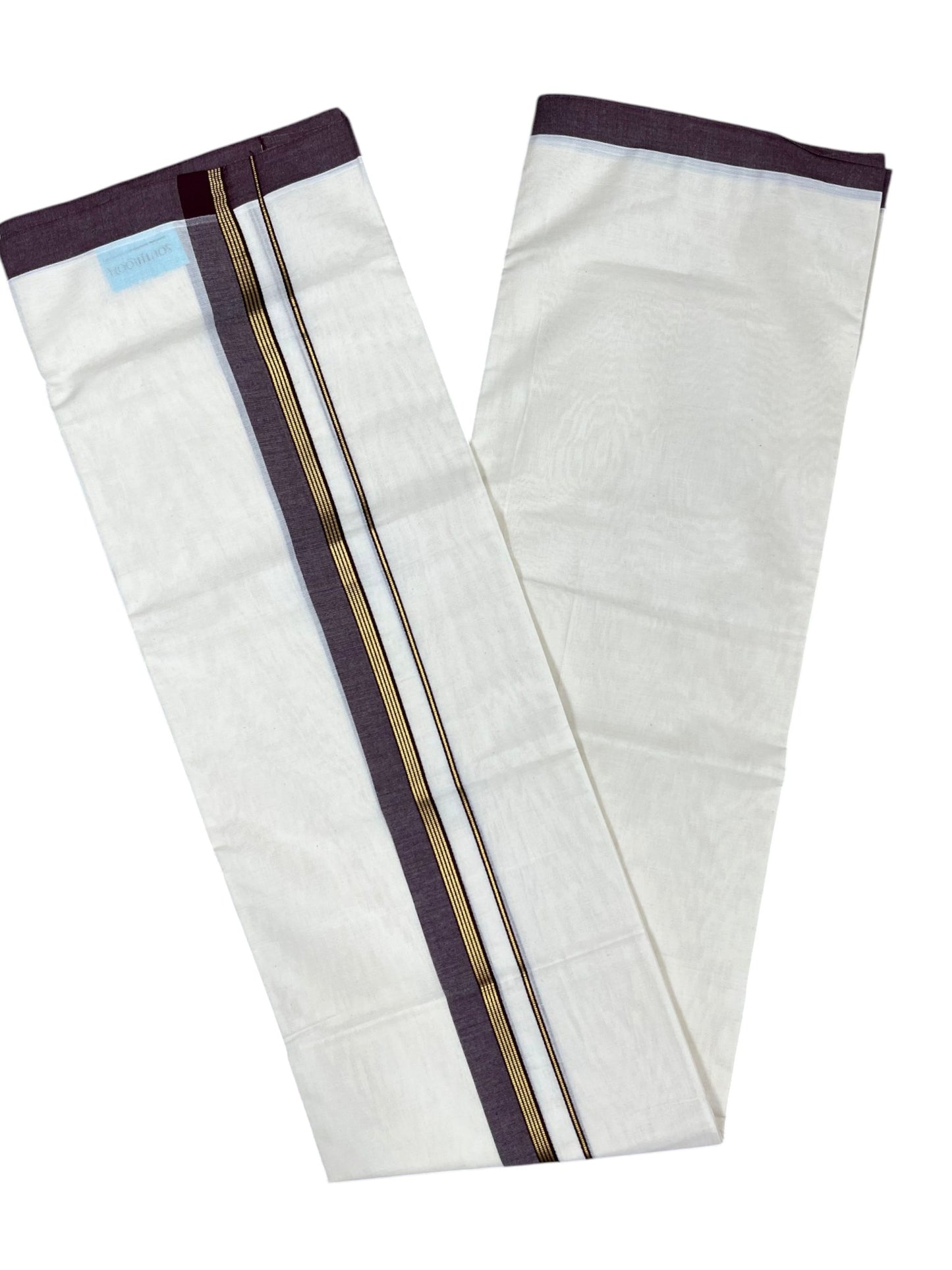 Southloom Pure Cotton Mundu with Gold Lines and Purple Border (South Indian Kerala Dhoti)