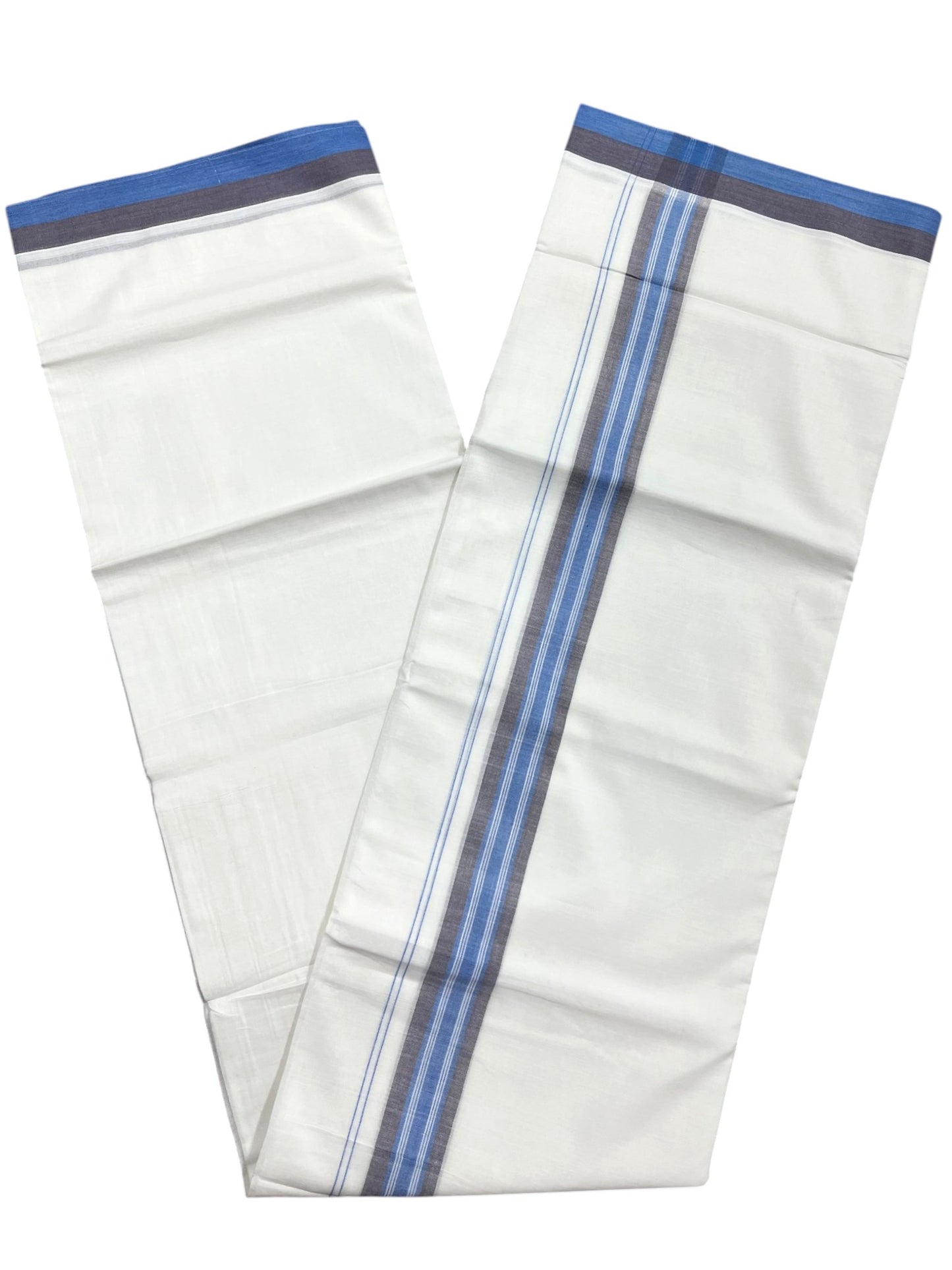 Southloom Pure Cotton Mundu with Blue & Gray Border (South Indian Kerala Dhoti)