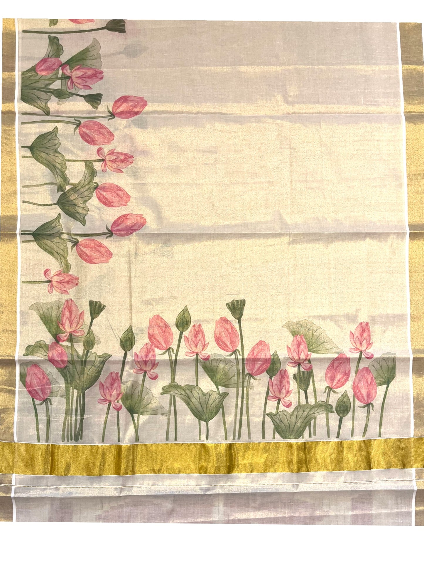 Southloom Kerala Tissue Kasavu Saree with Lotus Digital Prints on Border
