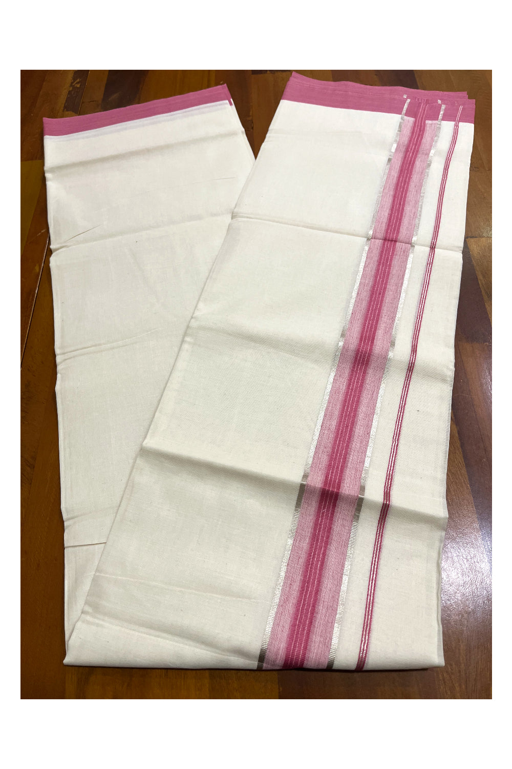 Kerala Pure Cotton Double Mundu with Pink and Silver Kasavu Border (South Indian Kerala Dhoti)