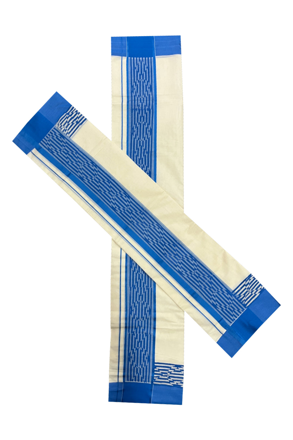 Pure Cotton Kerala Single Set Mundu (Mundum Neriyathum) with Blue Block Printed Border