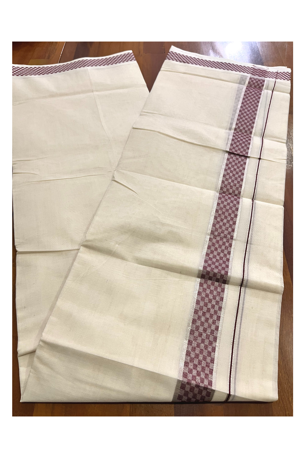 Kerala Pure Cotton Double Mundu with Silver Kasavu and Maroon Woven Border (Vishu 2024 Collection)