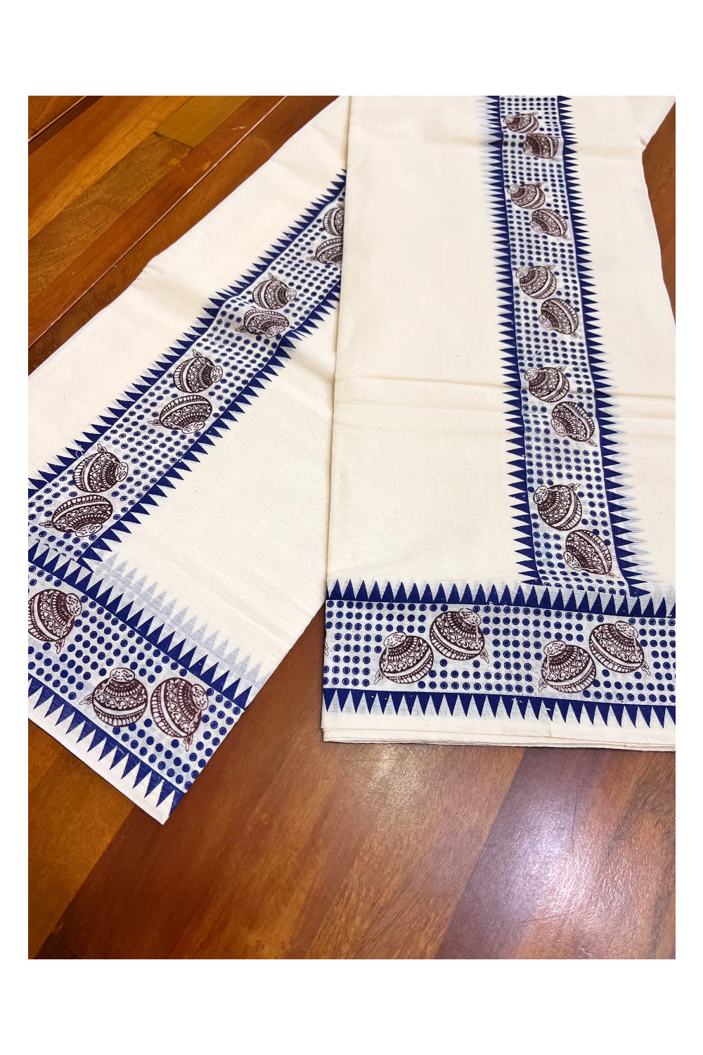 Kerala Pure Cotton Single Set Mundu (Mundum Neriyathum) with Brown Block Prints on Blue Temple Border