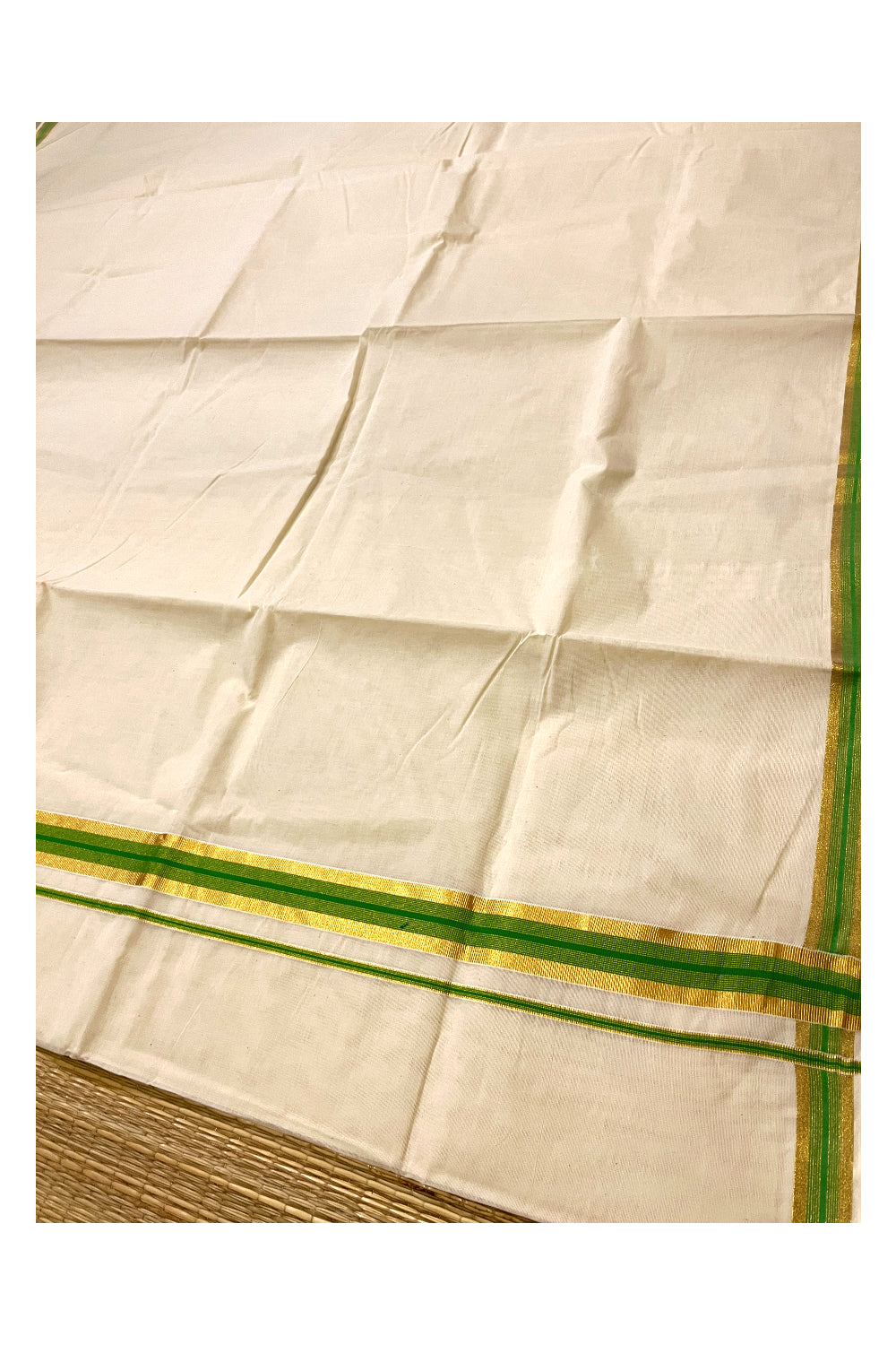 Kerala Pure Cotton Plain Saree with Kasavu and Light Green Border