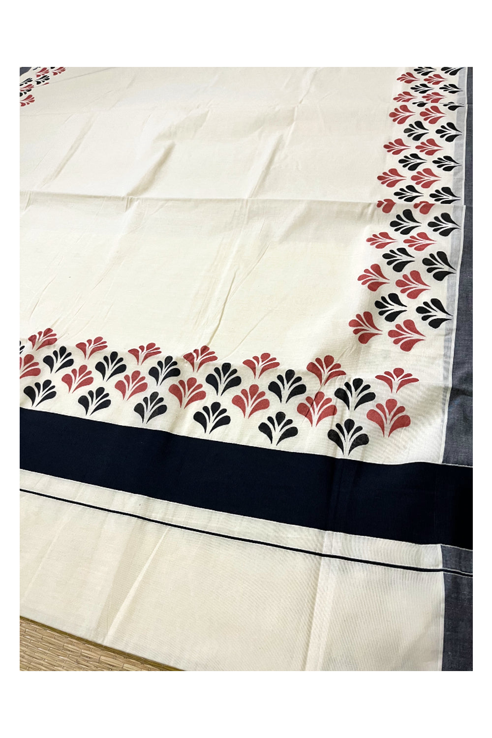 Pure Cotton Off White Kerala Saree with Maroon and Black Block Prints