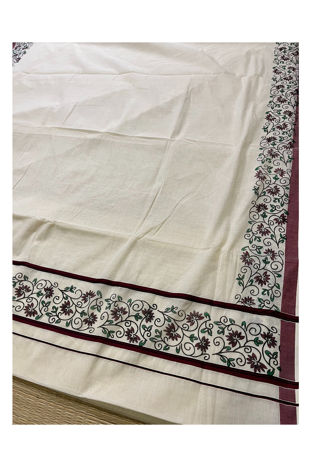 Pure Cotton Kerala Saree with Floral Block Prints and Maroon Border