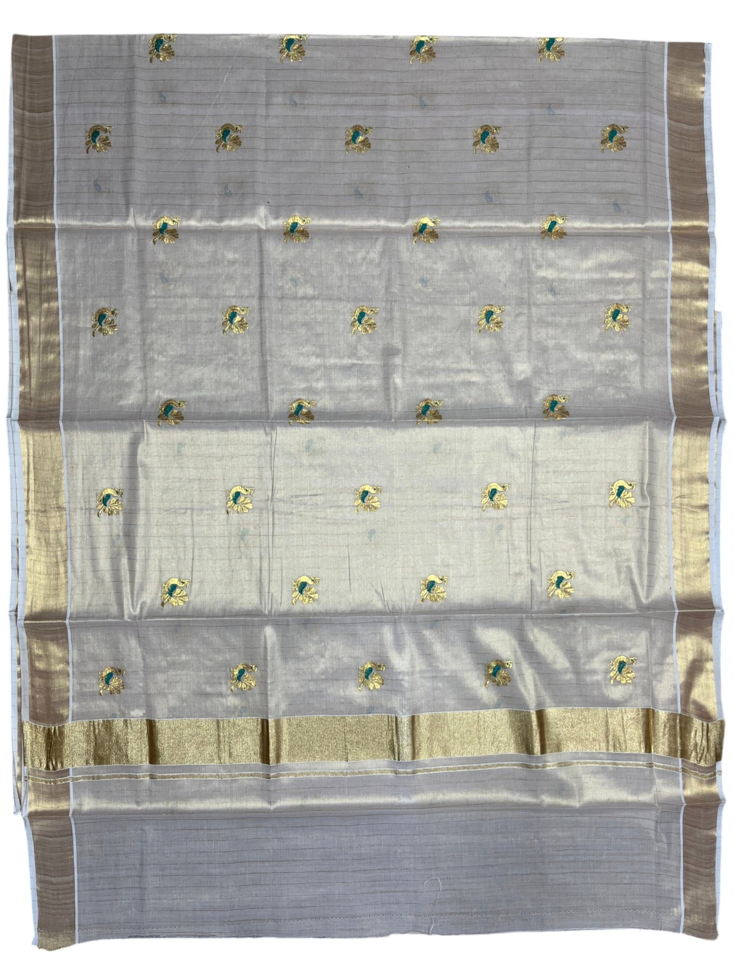 Southloom Tissue Kerala Kasavu Lines Saree with Peacock Embroidery Work on Body in Peacock Green