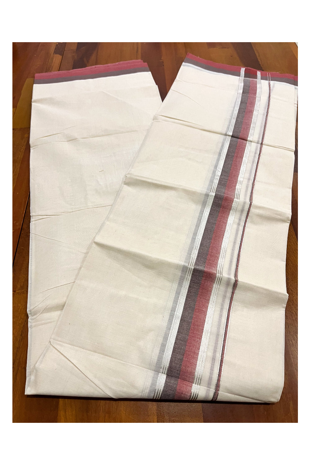 Kerala Pure Cotton Double Mundu with Maroon Brown and Silver Kasavu Border (South Indian Kerala Dhoti)