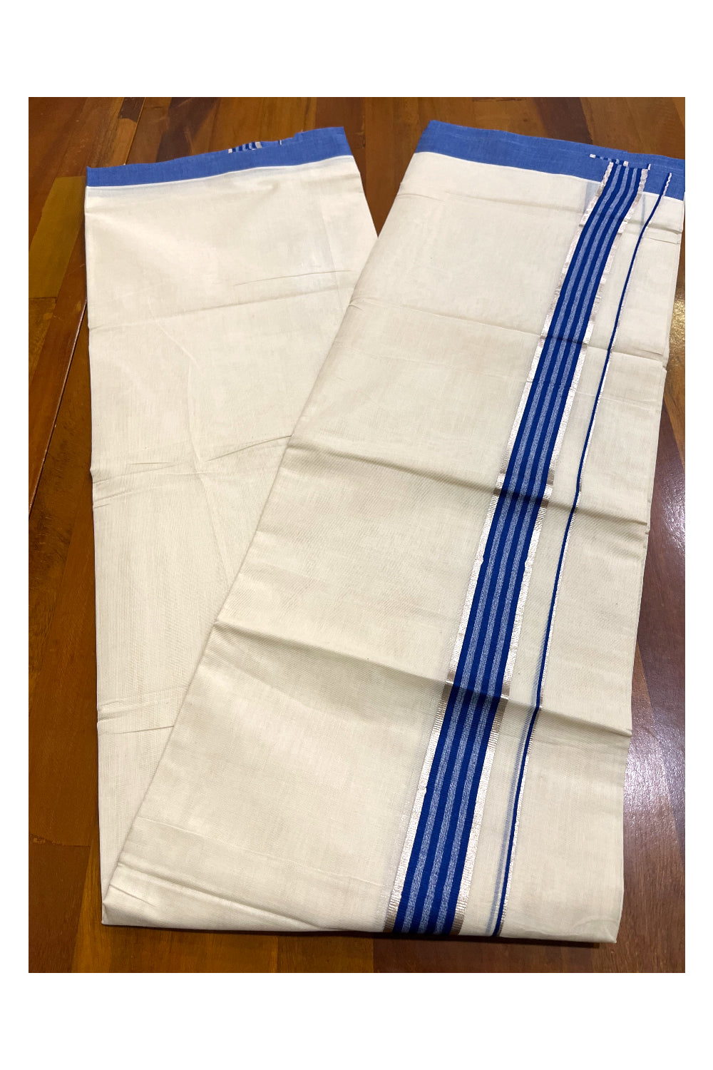 Kerala Pure Cotton Double Mundu with Silver Kasavu and Blue Border (South Indian Kerala Dhoti)