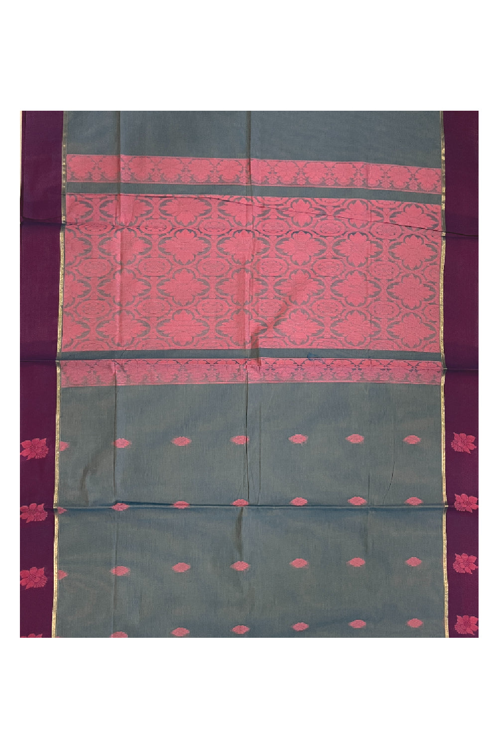 Southloom Cotton Blue Saree with Magenta Floral Woven Border