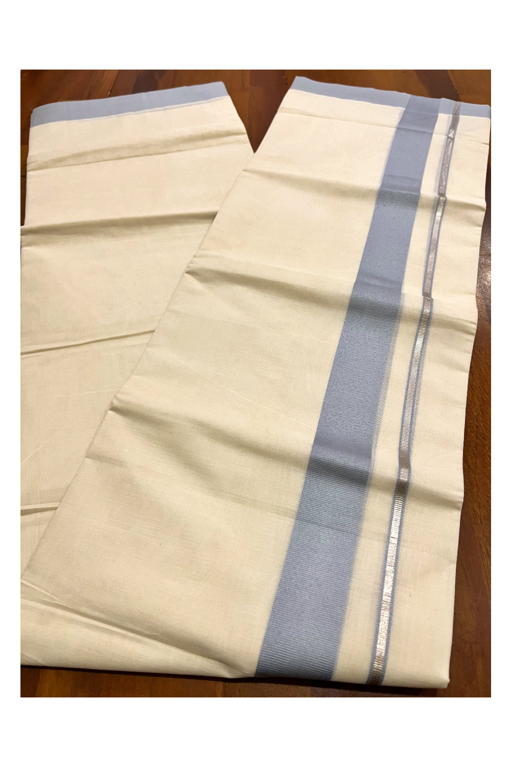 Pure Cotton Double Mundu with Silver Kasavu and Light Blue Border (South Indian Kerala Dhoti)