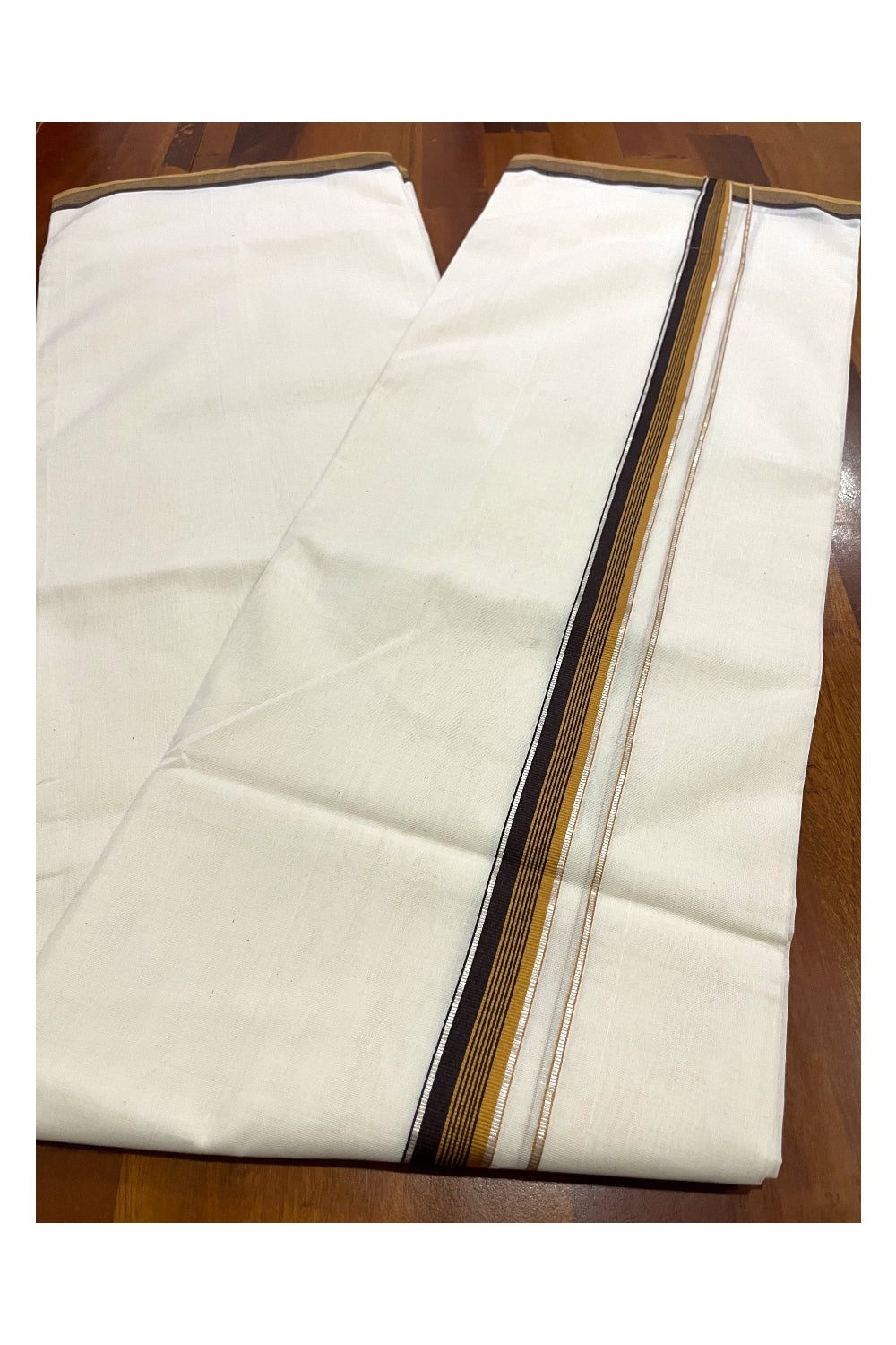 Southloom Premium Balaramapuram Unakkupaavu Handloom Mundu with Yellow Brown and Silver Kasavu Border (South Indian Kerala Dhoti)