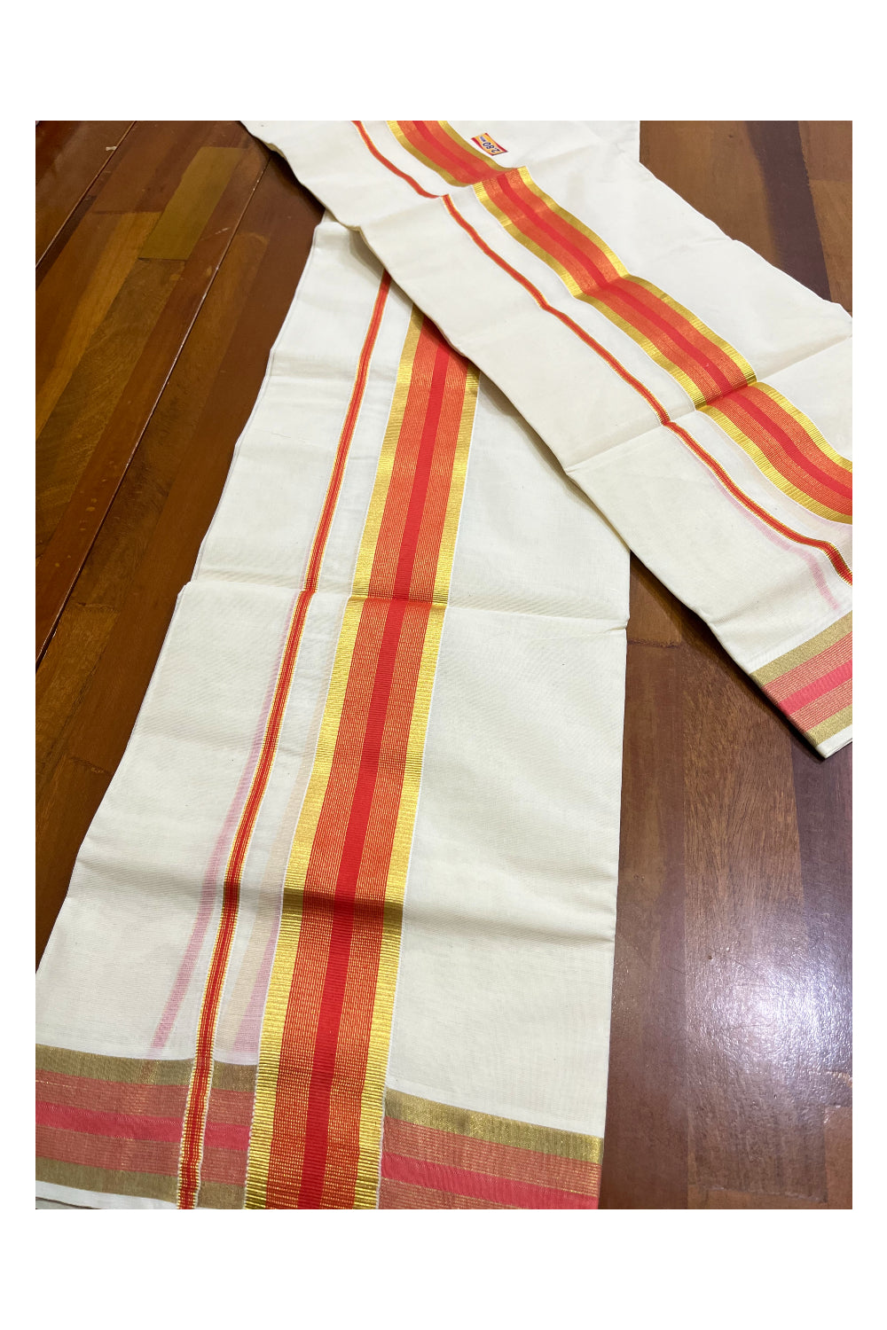 Kerala Cotton Set Mundu (Mundum Neriyathum) with Orange and Kasavu Border 2.80 Mtrs